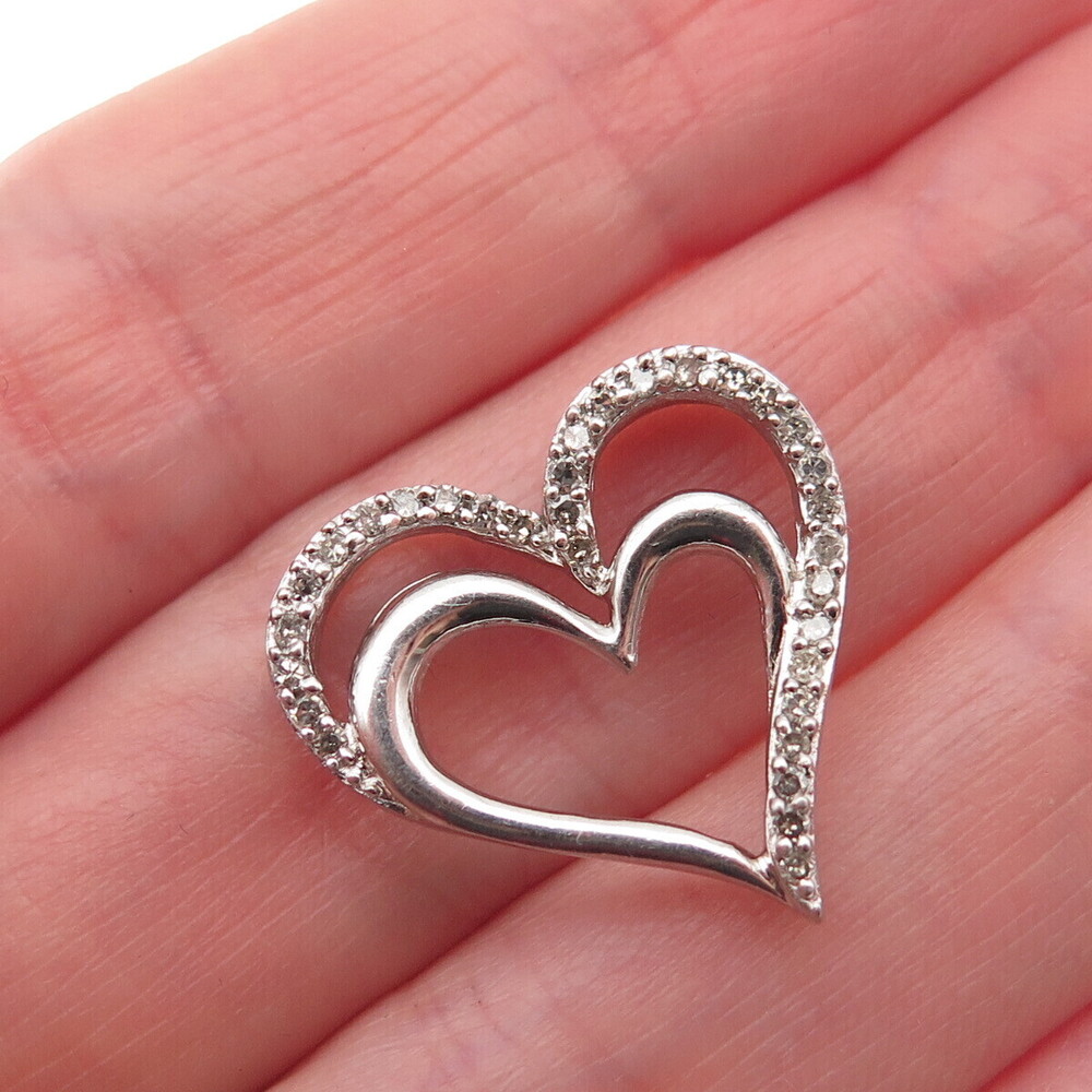 SUN 925 Sterling Silver Real Round-Cut Diamond Heart Mini Slide Charm Pendant